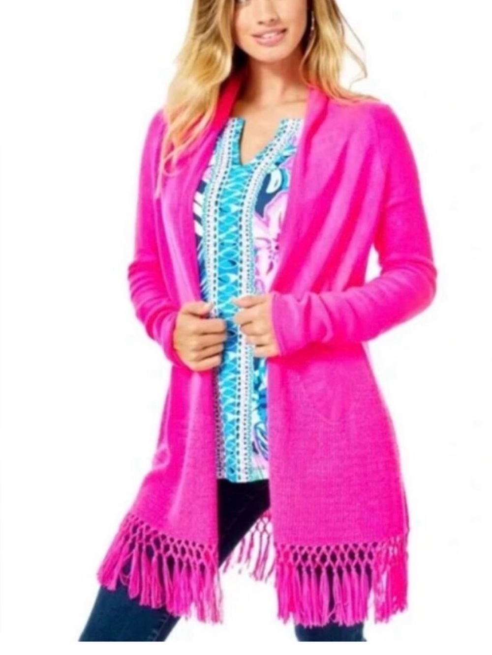 Lilly Pulitzer Pink Tatum Long Fringe Hem Cardigan